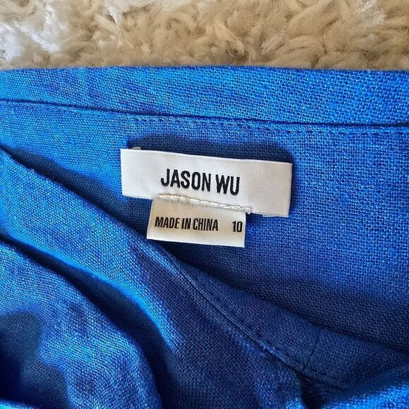 Jason Wu Eyelet Lace Embroidered Hem Boho Linen Blend Blue Midi Skirt Size 10 - Picture 4 of 9